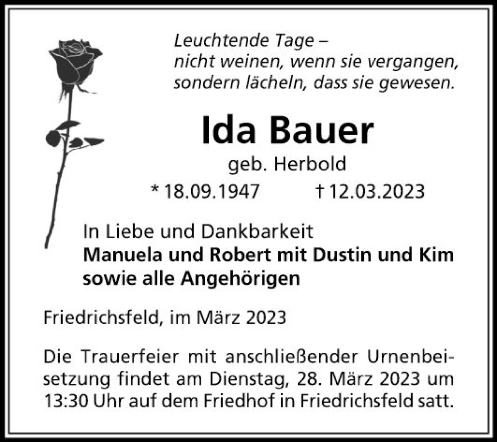  Traueranzeige für Ida Bauer vom 22.03.2023 aus Mannheimer Morgen