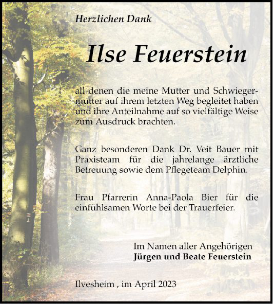  Traueranzeige für Ilse Feuerstein vom 01.04.2023 aus Mannheimer Morgen