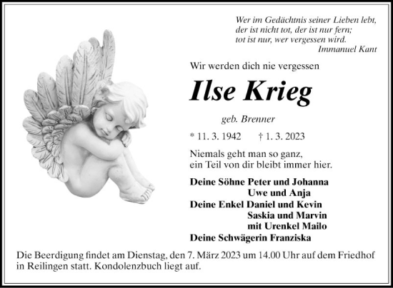 Traueranzeige von Ilse Krieg von Schwetzinger Zeitung