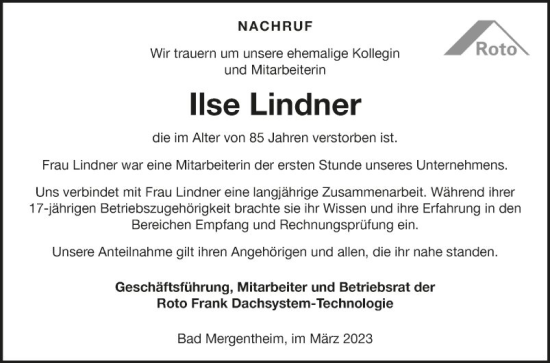 Traueranzeige von Ilse Lindner von Fränkische Nachrichten