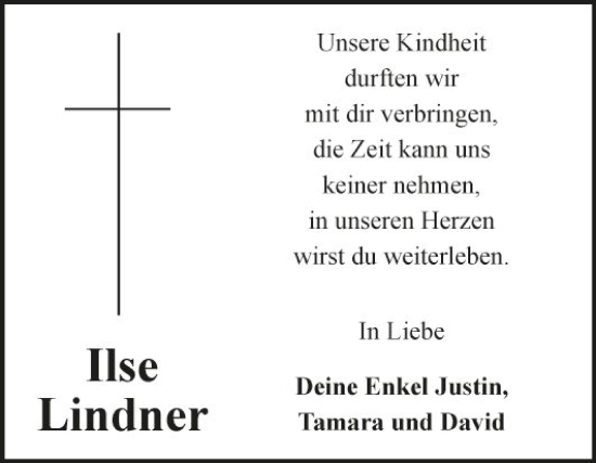 Traueranzeige von Ilse Lindner von Fränkische Nachrichten