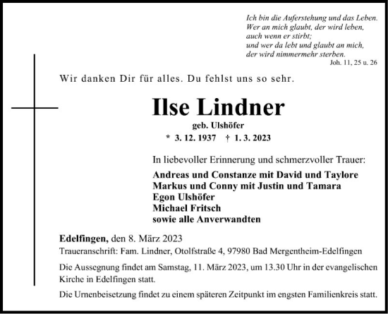 Traueranzeige von Ilse Lindner von Fränkische Nachrichten