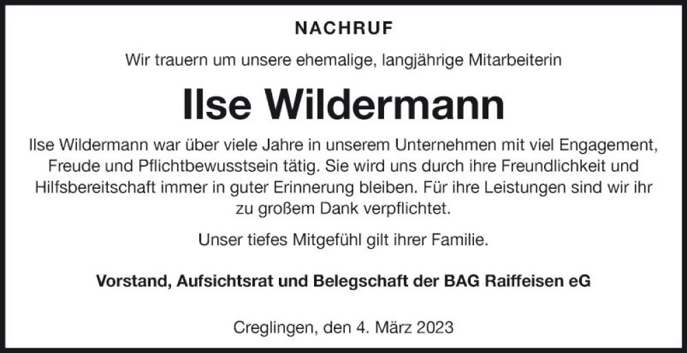  Traueranzeige für Ilse Wildermann vom 04.03.2023 aus Fränkische Nachrichten