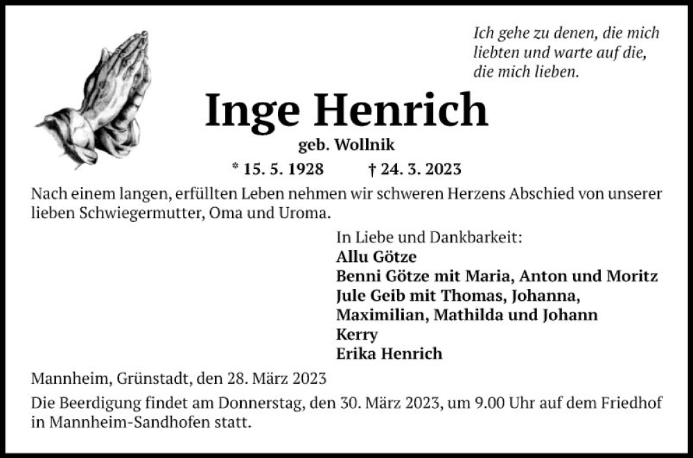  Traueranzeige für Inge Henrich vom 28.03.2023 aus Mannheimer Morgen