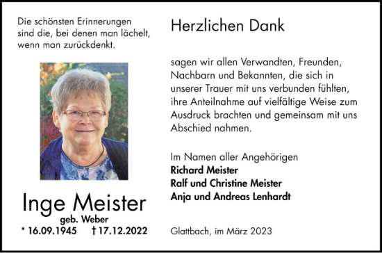 Traueranzeige von Inge Meister von Bergsträßer Anzeiger