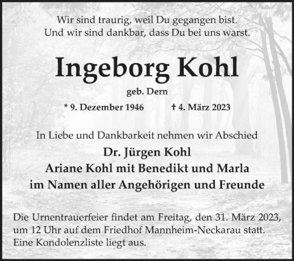  Traueranzeige für Ingeborg Kohl vom 18.03.2023 aus Mannheimer Morgen