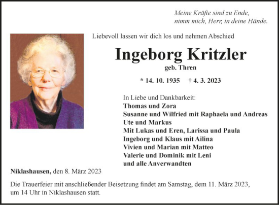 Traueranzeige von Ingeborg Kritzle von Fränkische Nachrichten