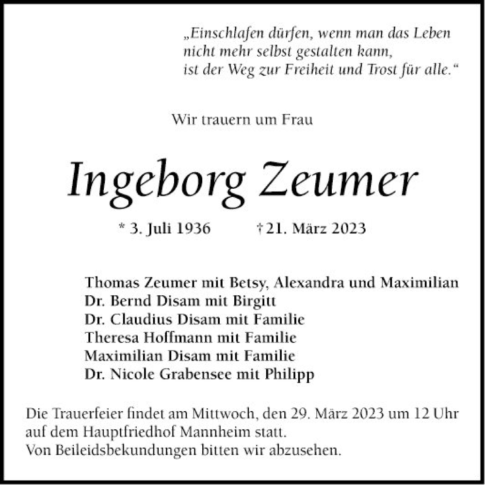  Traueranzeige für Ingeborg Zeumer vom 25.03.2023 aus Mannheimer Morgen