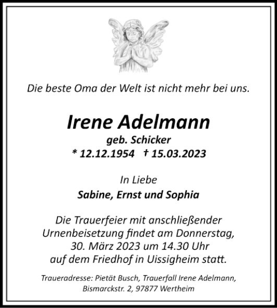 Traueranzeige von Irene Adelmann von Fränkische Nachrichten