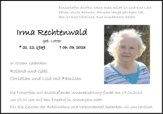 Traueranzeige von Irma Rechtenwald von Fränkische Nachrichten