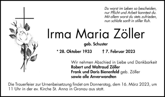 Traueranzeige von Irma Maria Zöller von Bergsträßer Anzeiger