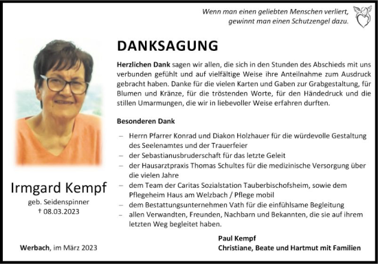 Traueranzeige von Irmgard Kempf von Fränkische Nachrichten