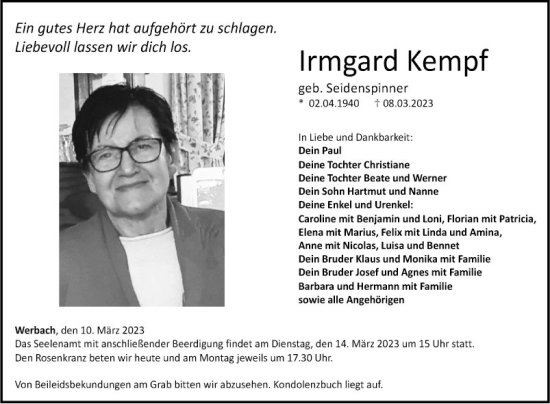 Traueranzeige von Irmgard Kempf von Fränkische Nachrichten