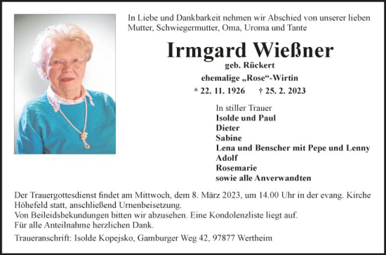 Traueranzeige von Irmgard Wießner von Fränkische Nachrichten