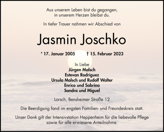 Traueranzeige von Jasmin Joschko von Bergsträßer Anzeiger