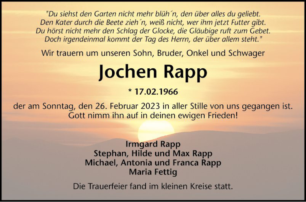  Traueranzeige für Jochen Rapp vom 11.03.2023 aus Mannheimer Morgen