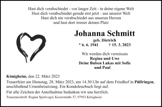 Traueranzeige von Johanna Schmitt von Fränkische Nachrichten