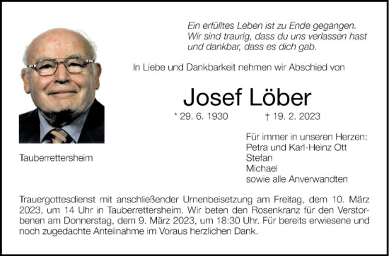 Traueranzeige von Josef Löber von Fränkische Nachrichten