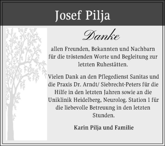 Traueranzeige von Josef Pilja von Schwetzinger Zeitung