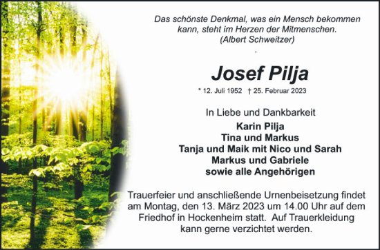 Traueranzeige von Josef Pilja von Schwetzinger Zeitung