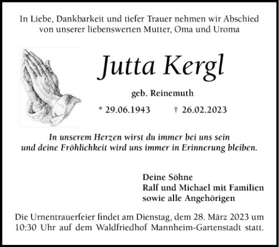 Traueranzeige von Jutta Kergl von Mannheimer Morgen