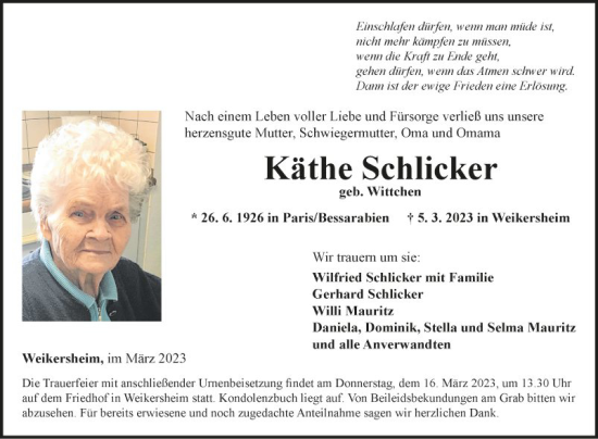 Traueranzeige von Käthe Schlicker von Fränkische Nachrichten