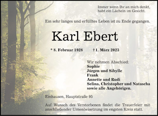 Traueranzeige von Karl Ebert von Bergsträßer Anzeiger