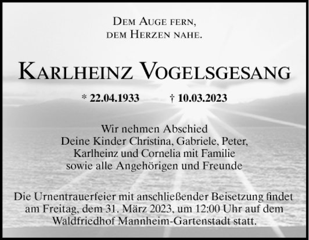  Traueranzeige für Karlheinz Vogelgesang vom 18.03.2023 aus Mannheimer Morgen
