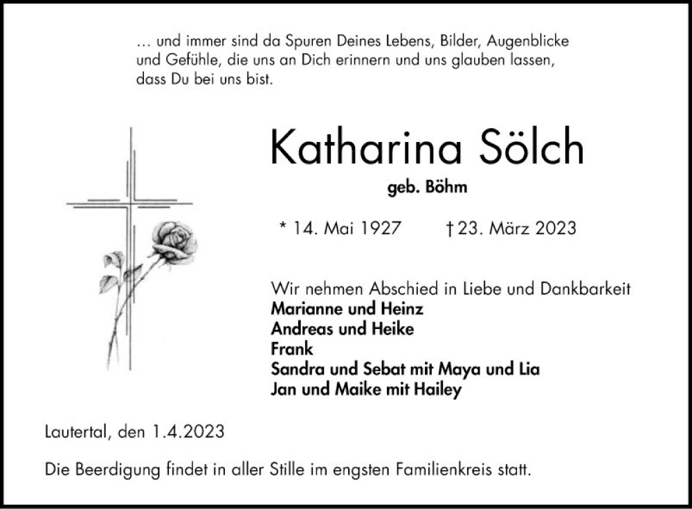  Traueranzeige für Katharina Sölch vom 01.04.2023 aus Bergsträßer Anzeiger