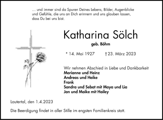 Traueranzeige von Katharina Sölch von Bergsträßer Anzeiger