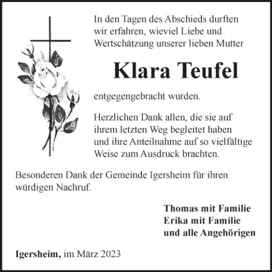 Traueranzeige von Klara Teufel von Fränkische Nachrichten