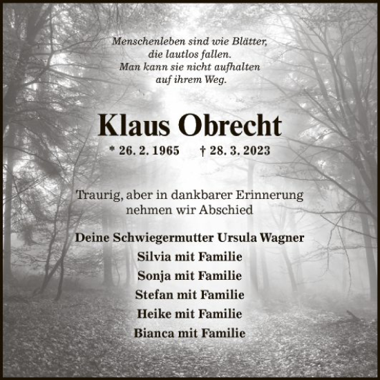 Traueranzeigen Von Klaus Obrecht | Trauerportal Ihrer Tageszeitung