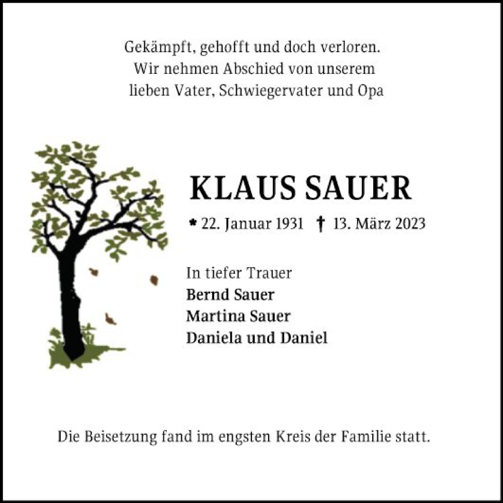  Traueranzeige für Klaus Sauer vom 01.04.2023 aus Mannheimer Morgen