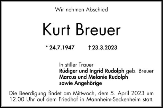 Traueranzeige von Kurt Breuer von Mannheimer Morgen