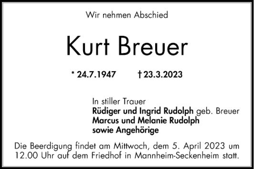  Traueranzeige für Kurt Breuer vom 01.04.2023 aus Mannheimer Morgen