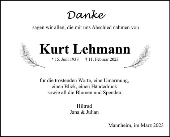 Traueranzeige von Kurt Lehmann von Mannheimer Morgen