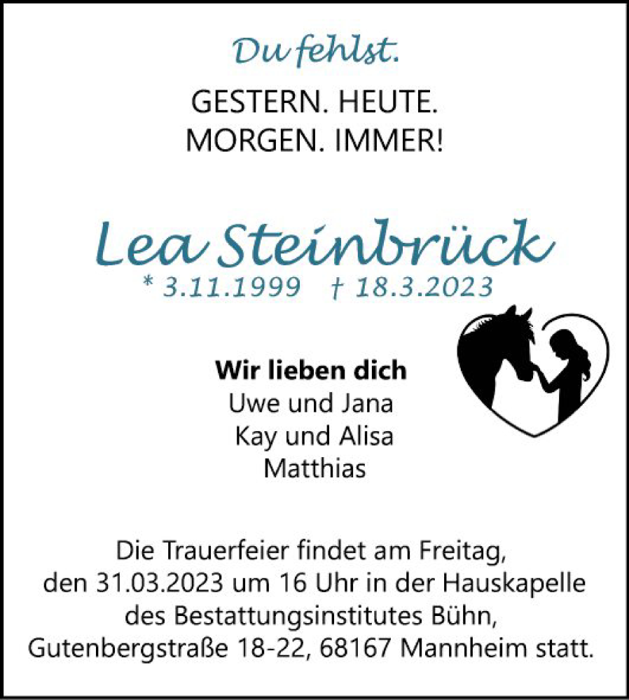  Traueranzeige für Lea Steinrück vom 25.03.2023 aus Mannheimer Morgen