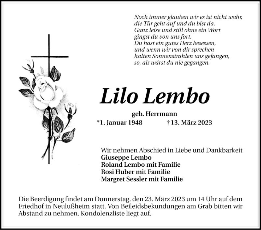  Traueranzeige für Lilo Lembo vom 18.03.2023 aus Schwetzinger Zeitung