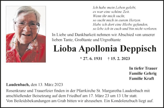 Traueranzeige von Lioba Apollonia Deppisch von Fränkische Nachrichten