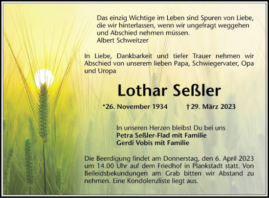 Traueranzeige von Lothar Seßler von Schwetzinger Zeitung