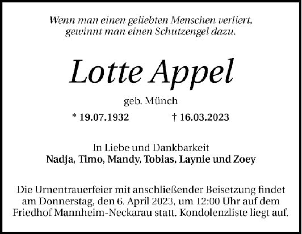  Traueranzeige für Lotte Appel vom 01.04.2023 aus Mannheimer Morgen