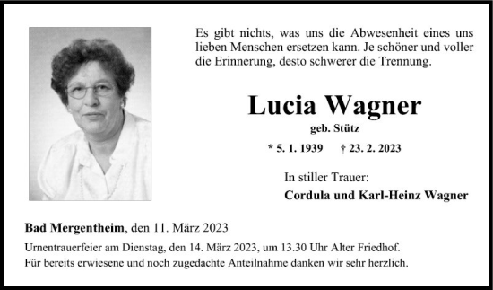 Traueranzeige von Lucia Wagner von Fränkische Nachrichten