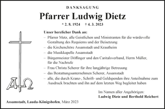 Traueranzeige von Ludwig Dietz von Fränkische Nachrichten