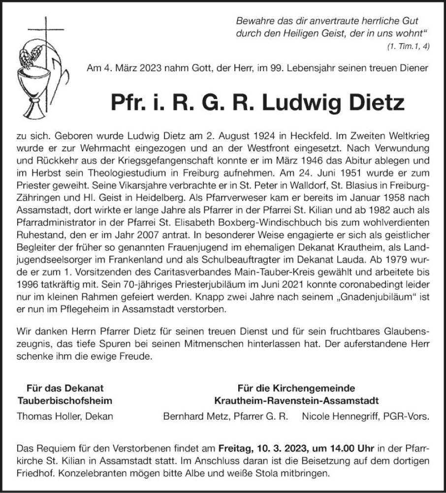  Traueranzeige für Ludwig Dietz vom 08.03.2023 aus Fränkische Nachrichten