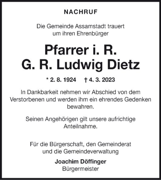 Traueranzeige von Ludwig Dietz von Fränkische Nachrichten