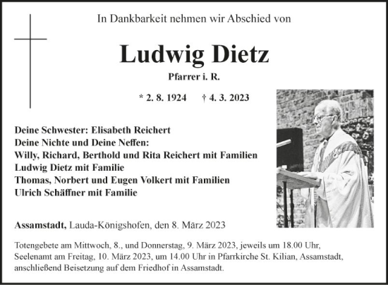 Traueranzeige von Ludwig Dietz von Fränkische Nachrichten