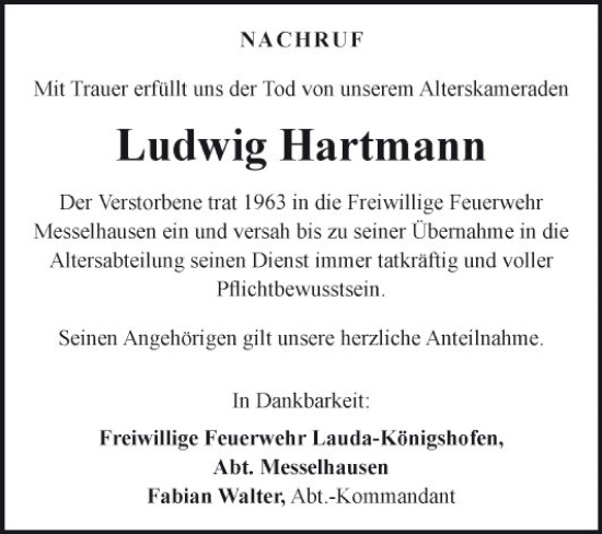 Traueranzeigen von Ludwig Hartmann | Trauerportal Ihrer Tageszeitung