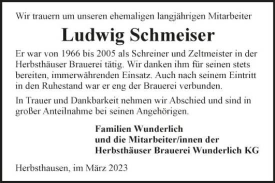 Traueranzeige von Ludwig Schmeiser von Fränkische Nachrichten