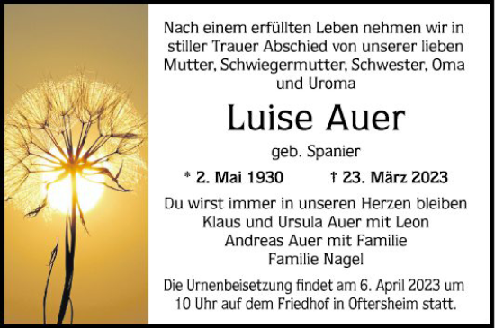 Traueranzeige von Luise Auer von Schwetzinger Zeitung