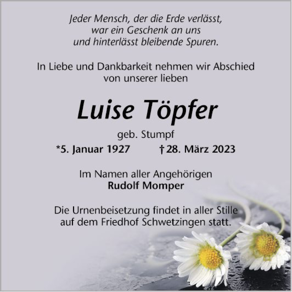  Traueranzeige für Luise Töpfer vom 01.04.2023 aus Schwetzinger Zeitung